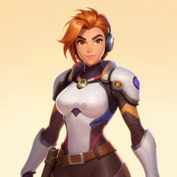 Tracer from Overwatch, centered, face forwards, professional art, detailed digital art, 2d, stylized, beautiful, colorful, clean, warm lighting, Krita, Artstation, Pinterest