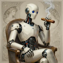 Ultra realistic illustration, robot sitting smoking a cigar, cyberpunk, sci-fi, fantasy, intricate, elegant, highly detailed, digital painting, artstation, concept art, smooth, sharp focus, illustration, art by artgerm and greg rutkowski and alphonse mucha