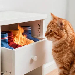 an orange cat staring at a drawer ~ filled with socks on fire ~ high - resolution photo ~