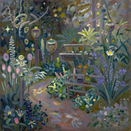 a gorgeous, fantastic, magic garden landscape by michael kidd, monet, trending on artstation, artgerm, acrylic on canvas, muted colors, darker,!! low contrast!!, chillwave