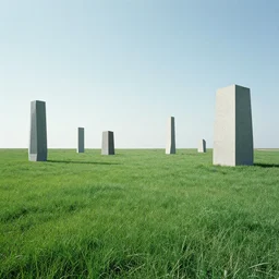 Green grasslands with scientific monoliths in them by Syd Mead, Federico Pelat