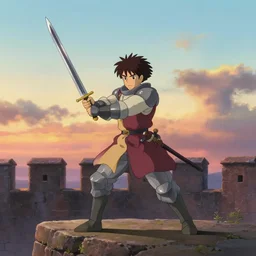 a medieval knight training with his sword on a castle wall at sunrise, ghibli studio, pixar and disney style, high quality, highly detailed, high coherence, path traced, anatomically correct, five fingers, realistic, digital painting, digital art, daytime, serene scene, colorful, symmetrical, soft colors, complementary colors, unreal engine 5