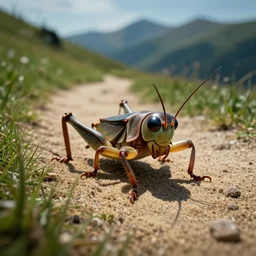 closeup of a cricket. sand and grass mountain path in avila mountains, 4 k, concept art, by wlop, ilya kuvshinov, artgerm, krenz cushart, greg rutkowski, pixiv. cinematic dramatic atmosphere, sharp focus, volumetric lighting, cinematic lighting, studio quality, eyes reflections. macro photo.