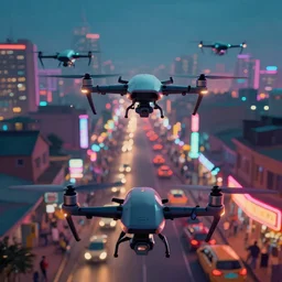 3 d vfx art of flying drones above bustling - a neon lit - ajegunle street - in nigeria, cinestill 8 0 0 t photograph, unreal engine render, digital illustration, illustration style by mike winkelmann, sharp, intricate detail, volumetric light, ray tracing, soft light, colourful, surreal environment, first person view,