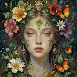 portrait of the beautiful young goddess of nature, unusual beauty, etheric, outworldly colours, plants, flowers, bugs, butterflies, emotionally evoking symbolic metaphors, head in focus, fantasy, ornamental, intricate, elegant, highly detailed hyperrealistic painting, artstation, concept art, painterly, golden ratio, sharp focus, illustration, art by tomasz alen kopera and zdzisław beksinski,