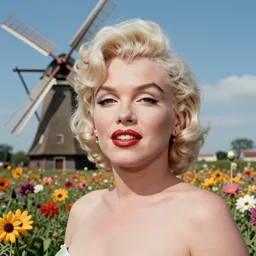 Marilyn Monroe posing in a flower garden near a windmill , macro, vibrant, 30mm photography, wide shot, dramatic lighting, octane render, hyperrealistic, realistic and very detailed face, high quality, highly detailed, artstation, HD, beautiful, cinematic, 8k, unreal engine, facial accuracy, symmetrical