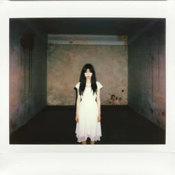 a beautiful and eerie instant photo of a pretty young woman wearing a white dress standing in a vast room with blood on the walls, something sinister is happening behind her