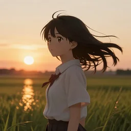 A detailed portrait of an anime girl on a landscape in the sunset, hair swaying in the breeze, and light reflecting off of the grass beneath