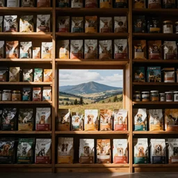 Shelves lined with Pet-foods, texture, view from front