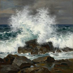 oil painting of a wave crashing on the rocks in the style of caravaggio