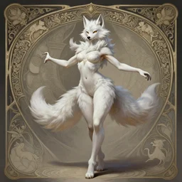 full body photography of a female anthropomorphic albino wolf fursona dancer, deep focus, d & d, fantasy, intricate, elegant, highly detailed, digital painting, artstation, concept art, matte, sharp focus, illustration, hearthstone, art by artgerm and greg rutkowski and alphonse mucha
