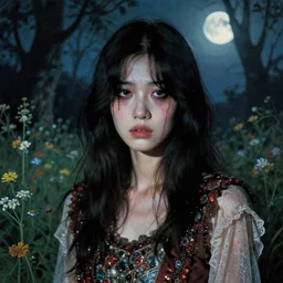 a beautiful but creepy young west asian woman in layers of fear, with haunted eyes, violence in her eyes, wearing a punk outfit, 1 9 7 0 s, seventies, delicate embellishments, a little blood, woodland, moonlight shining on wildflowers, painterly, offset printing technique, by alexandre cabanel
