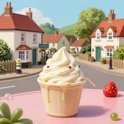 digital matte glossy painting nostalgic 1 9 5 0 s ice cream and village britain, detailed in the style of trevor mitchell