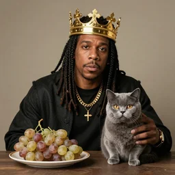 Rembrandt and Vermeer, Jay Z portrait, golden crown with a plate of grapes and gray cat