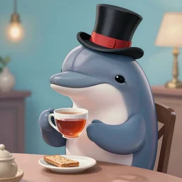 anthropomorphized dolphin, wearing a top hat and drinking tea