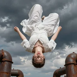 portrait of girl dressed in white clothes , fantasy character portrait, decollete, lying dynamic pose, above view, sunny day, thunder clouds in the sky, artwork by Jeremy Lipkin and Giuseppe Dangelico Pino and Michael Garmash and rob rey, levitation, industrial rusty pipes, very coherent symmetrical artwork, perfect face, simple form, brutal shapes