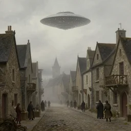 ufo's invading a medieval town, view from the street, foggy and overcast, concept art, albert bierstadt, thomas cole, desaturated colors