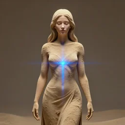 a wonderful symmetrical portrait of goddes with a beautiful face dressed with a long dress made of sand, one flash on top, one blue light flash in front of her, trending artstation, octane render 8 k