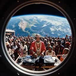 analogue photo of an African tribal DJ and crowd on a spaceship, planet earth - as seen from space - in porthole window, wide angle,