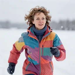 a photo of 4 0 year old woman with short wavy curly light brown hair and blue eyes wearing colorful winter clothes is running in a snowy field. 1 3 mm. front view, perfect faces