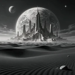 a beautiful artwork of an otherworldly and ethereal alien planet with a desert of black sand and the towering ruins of an ancient alien city in the background; by moebius and anno finstark; trending on artstation