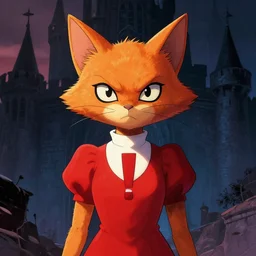 artgerm, joshua middleton comic cover art, bobcat with orange fur, red dress, symmetrical eyes, symmetrical face, white shirt with red exclamation point logo, dark castle background, cinematic lighting