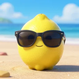 a lemon wearing a pair of sunglasses on a beach, pixar