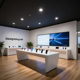 A small Samsung store. white walls. timber floor. low ceilings with downlights. curved white furniture with large digital screen. display tables with phones and tablets. a few plants in the background, retaildesignblog.net, Architectural photography. 14mm. Cinematic moody lighting. High Res 8K. award winning architectural design. dramatic light, spots, white leds, high-tech, futuristic design.