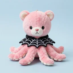 a cute pink 8 webbed legs octopus plush doll wearing a bat poncho with spider webbing pattern, normal arms, by the sanrio company, real, in collaboration with build a bear company, kawaii
