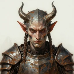 digital ar of devil in rusty armor, portrait, digital painting, artstation, concept art, beautiful face, symmetric face, cinematic, by Artgerm and Greg Rutkowski and Alphonse Mucha,