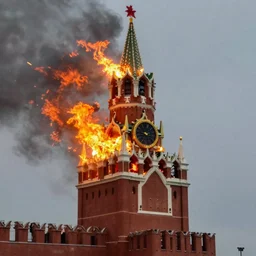 photo of burning Spasskaya Tower with fire and flame, highly detailed, 8k, professional