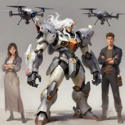 greg manchess painting of a 2 yorha type a no. 2 as overwatch character!! with a drone!, white long hair, organic painting, trending on artstation, by huang guangjian and gil elvgren and sachin teng