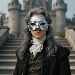 portrait painting of a 3 0 years old r male, wearing a silver melt mask, long grey hair, gentleman's dress, background is castle and steps unreal render cinematic lighting art 1 9 2 0 period drama by bussiere rutkowski andreas rocha