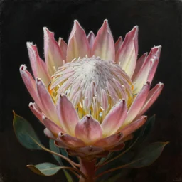 stunning chinese princess, detailed pink and white protea head peace against a black backdrop by ivan aivazovsky, wlop, super sharp details, photorealism, 5 0 mm lens, oil painting, beautiful soft lighting, muted colours, artstation