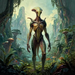 exquisite, imaginative alien creature poster art, humanoid, lush alien landscape, tall mountain far view, movie art, by lucusfilm weta studio tom bagshaw james jean frank frazetta, mucha, james gurney
