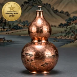 A metal incense burner made of copper in the shape of a gourd. With delicate Japanese decorative carvings