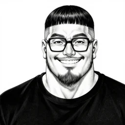 highly detailed ink illustration of a buff smiling man with long stubble, muscular neck, rectangular square shaped glasses and a black bowl cut, wearing a black tshirt, b & w clean shaped illustration by kim jung gi, jamie hewlett, junji ito, ron english and eiichiro oda