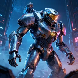 a macro closeup photo of the chrome terminator cylon warror in a massive mass effect halo robot factory at night,blue haze, volume metric lighting, retracing, unreal, concept art cyperpunk video game poster design with intricate details :: action, gears of war, smoke, post apocalyptic, Battlestar Galactica, neon lighting, lens flare, rich vibrant colors, High contrast, blizzard concept artist, acrion, syd mead