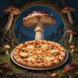 portrait of a pizza funghi in a magical portal, highly detailed, digital painting, artstation, night scene, wlop concept art, smooth, sharp focus, illustration, art by dreadjim, craig mullins and greg rutkowski, 8 k
