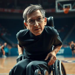 a closeup photorealistic photograph of steven hawking playing wheelchair basketball. accurate face. bright scene. fine detail. this 4 k hd image is trending on artstation, featured on behance, well - rendered, extra crisp, features intricate detail, epic composition and the style of unreal engine.