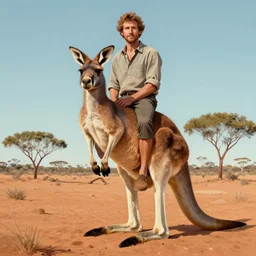 a full body portrait of a man atop a kangaroo, finely detailed features, perfect art, in australia desert artwork by gaston bussiere, craig mullins, trending on artstation
