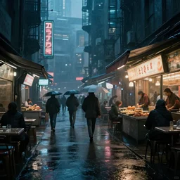 a melancholy rainy night in a food street of cyberpunk city de chirico