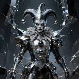 impressive ominous front!! shot photo of a court jester!! character fine portrait fine portrait mesmerizing visionary hyper cubes platinum cracked dark future dimensional galactic crystal edges elegant detailed intricate concept artstation sharp focus ray tracing cinematic masterpiece temporal corruption beeple wlop germ 8 4 k scifi glossy realistic illustration canon eos r 3 fujifilm x - t 3 0 sony alpha
