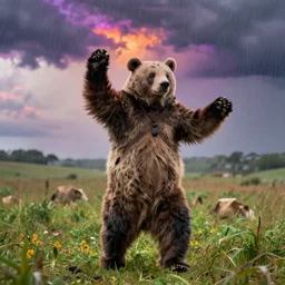 shaman in the bear skin dancing in the field under the epic colourful rain, photo realistic, highly detailed, hyperrealistic, Chronicles of Narnia movie style 8k,