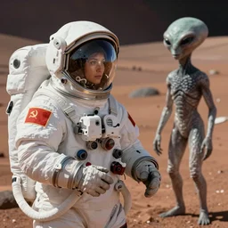 a soviet cosmonaut in mars, mets for the first time with an alien civilisation, sovietwave aesthetic, sci fi, soviet futurism, socialist realism, ultra detailed, hyperrealistic, octane render
