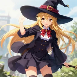 visual novel pose of attractive female student witch, magic school uniform, blonde hair, by greg rutkowski and studio ghibli, digital art, trending on artstation, highly detailed, concept art, beautiful, masterpiece