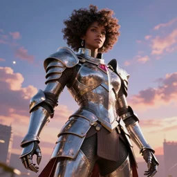 a beautiful majestic impressive strong warrior in metal armour, afrofuturism, detailed, meticulously rendered, beautiful, colorful, lights, stunning, epic sky, trending in artstation