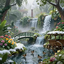 botanical garden, ornate, beautiful, atmosphere, vibe, mist, smoke, chimney, rain, well, wet, pristine, puddles, waterfall, melting, dripping, snow, ducks, creek, lush, ice, bridge, cart, forest, flowers, concept art illustration, color page, 4 k, tone mapping, volumetric lighting, sunbeams, particles, trending on artstation