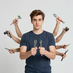 a young man with 8 arms holding multiple stanley tools
