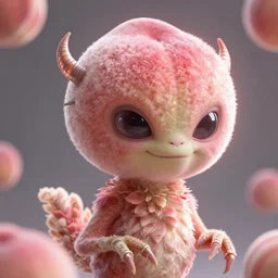 an alien with a face that looks like a fuzzy peach the peach is fuzzy pink warm and ripe the alien has horns and a mean smile the alien has chicken feet cruel smile soft eyes, 4k, highly detailed, high quality, amazing, high particle effects, glowing, majestic, soft lighting, detailed background